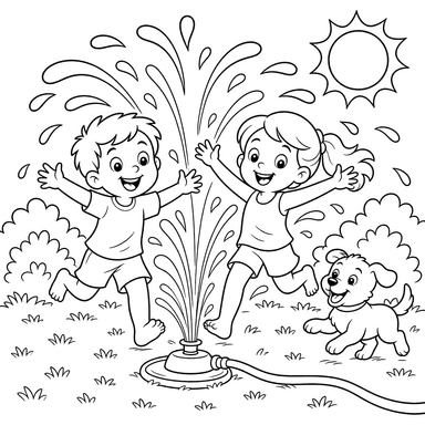 Sprinkler-Spaß — Ausmalbild mit Kindern und Welpe