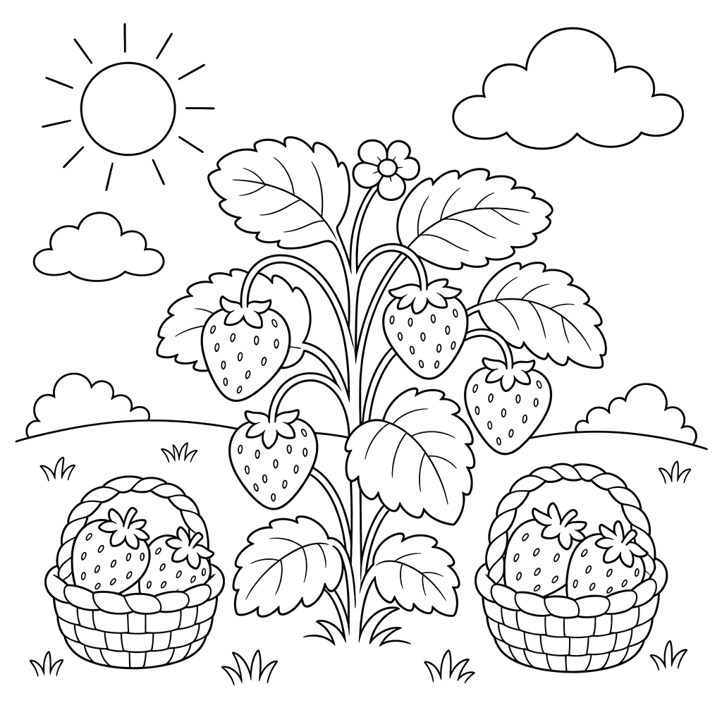 Colheita de morangos com cestos para colorir