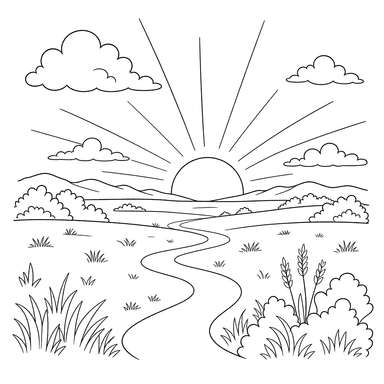 Pôr do sol sobre a planície: desenho para colorir