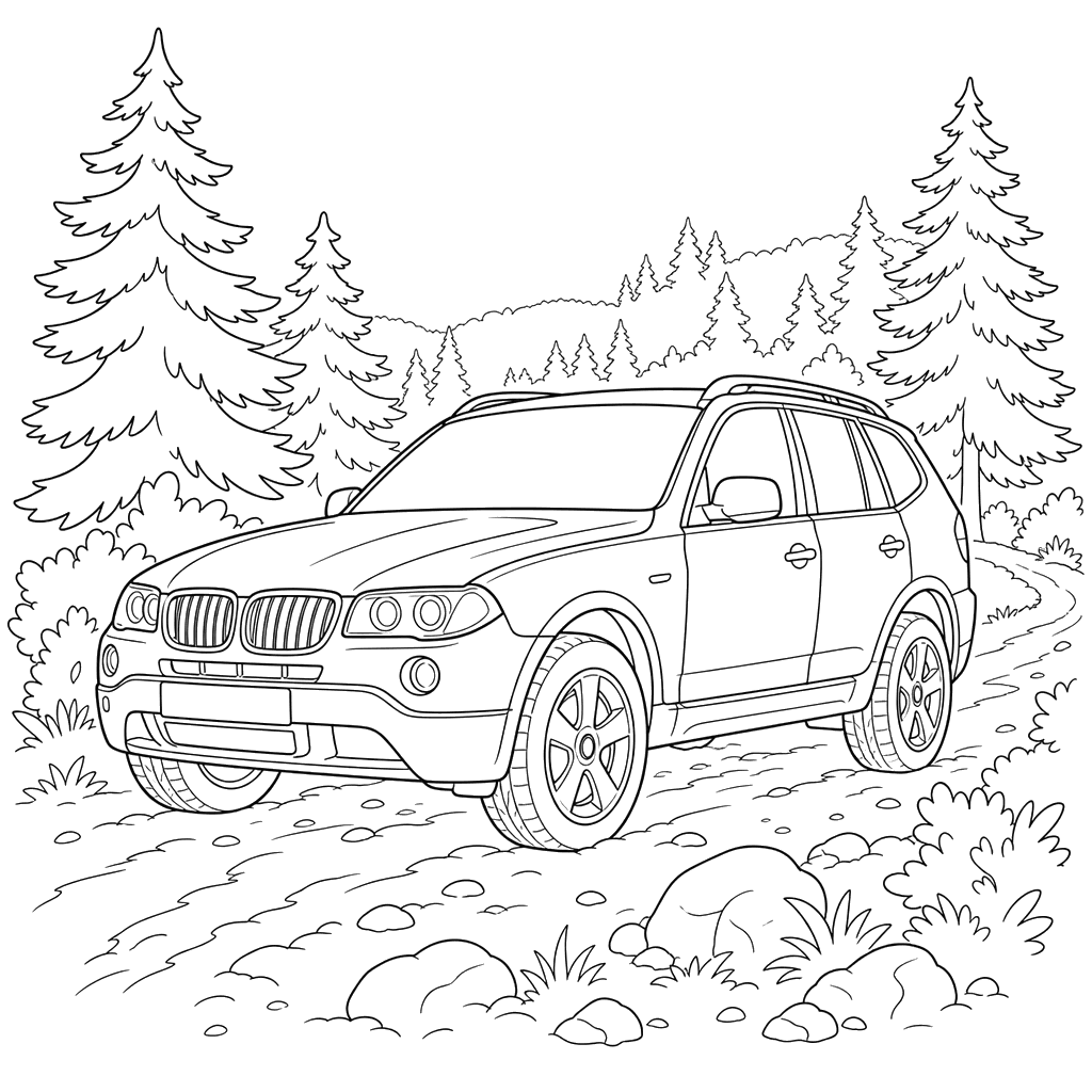 Desenho para colorir de SUV na floresta