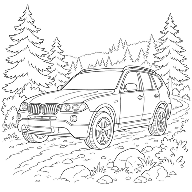 Dibujo para colorear de un SUV en el bosque