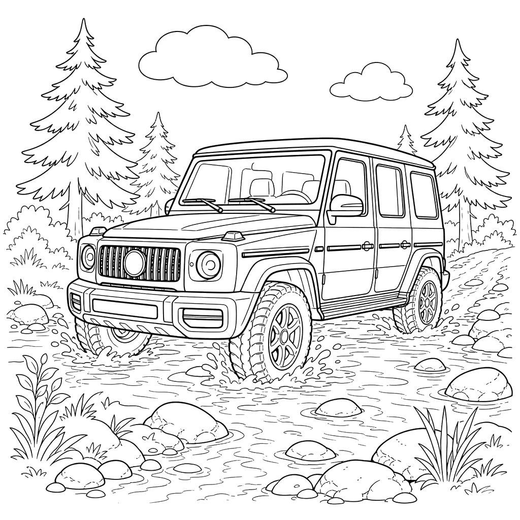Geländewagen im Waldbach