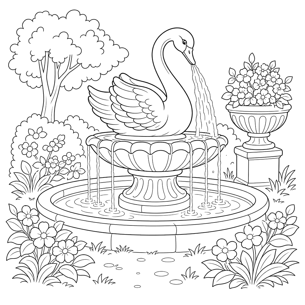 Fuente de cisne en el jardín
