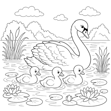 Coloriage Cygne avec ses Cygneaux