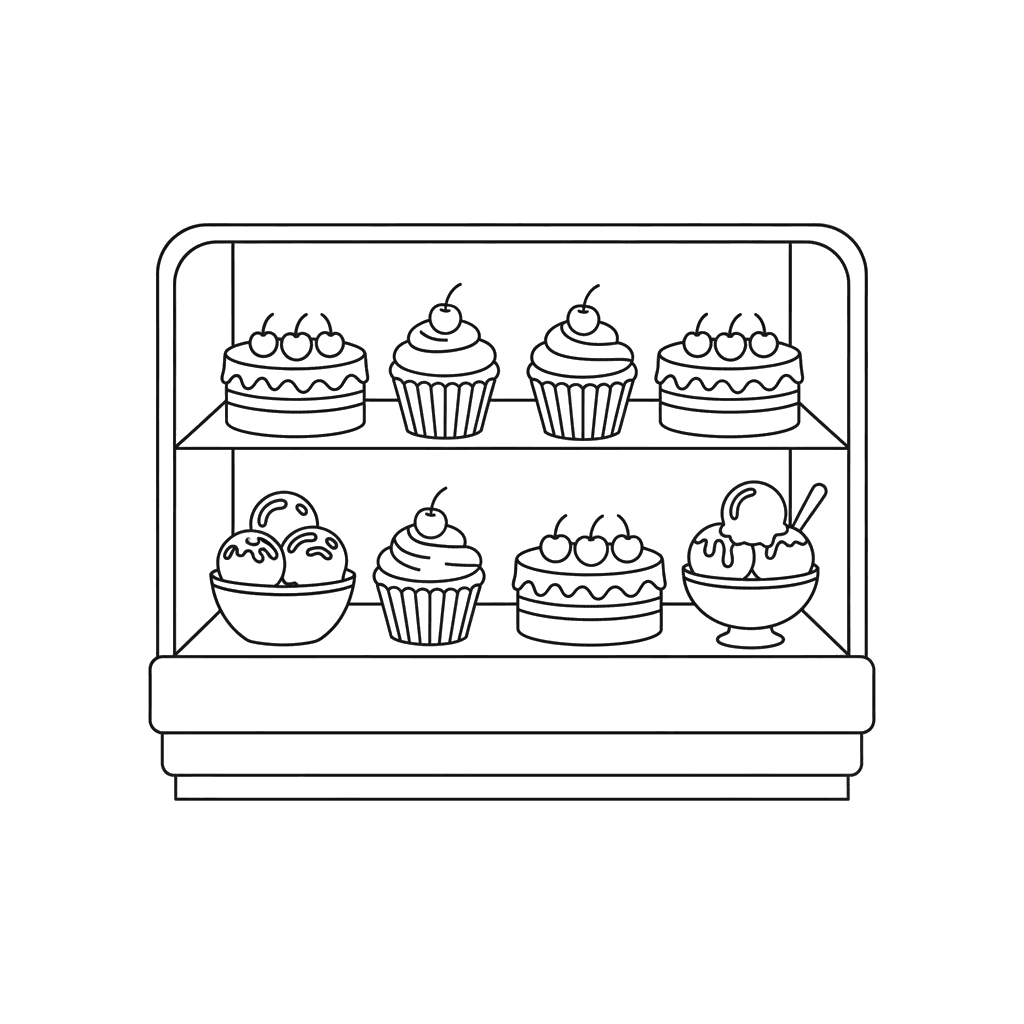 Ausmalbild Süße Bäckerei-Vitrine