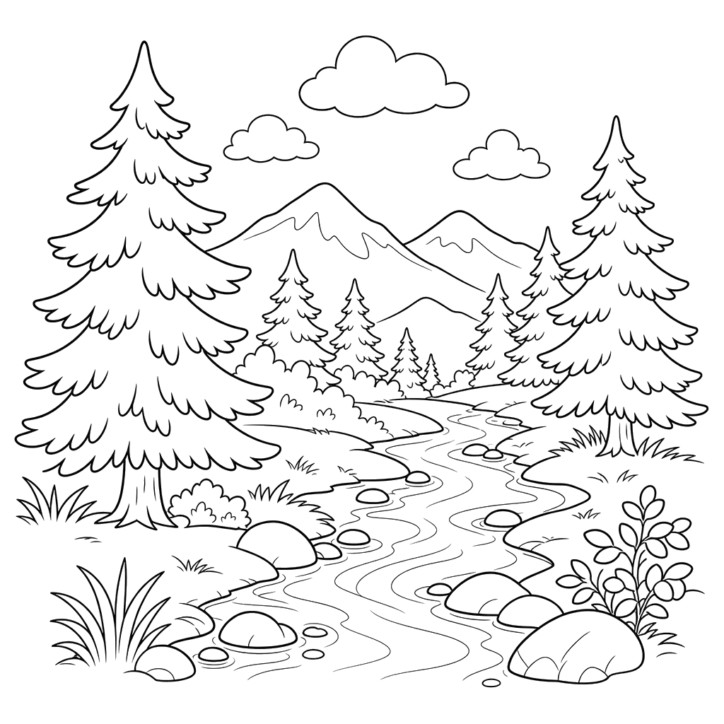 Paisaje de taiga con pinos y arroyo: dibujo para colorear
