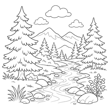 Paisaje de taiga con pinos y arroyo: dibujo para colorear