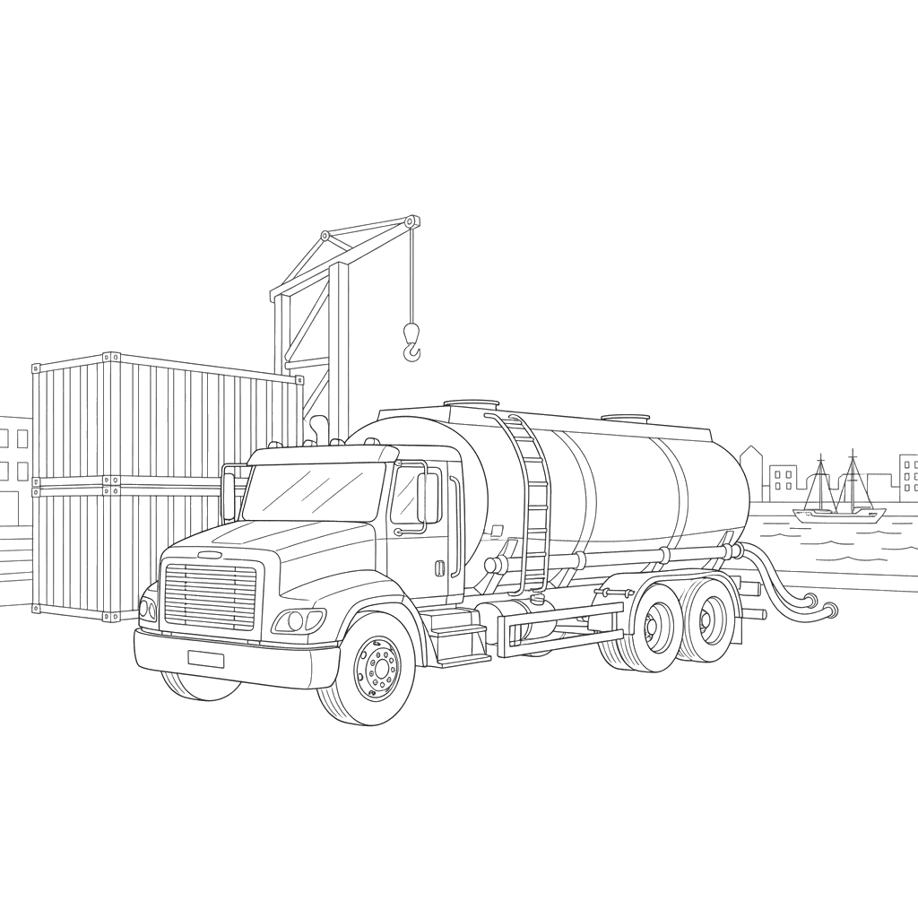 Dibujo para Colorear Camión Cisterna en el Puerto