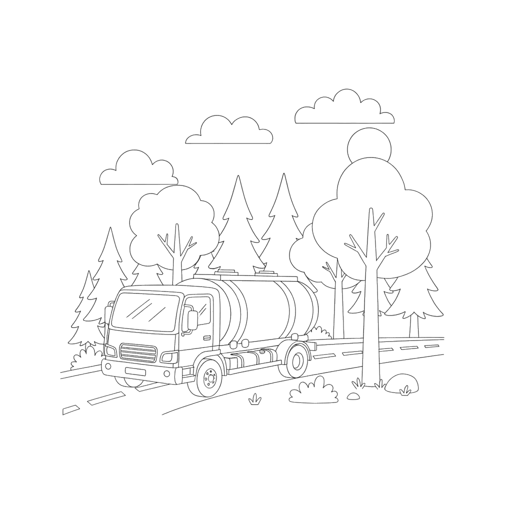 Tanker Truck Passing Forest Coloring Page