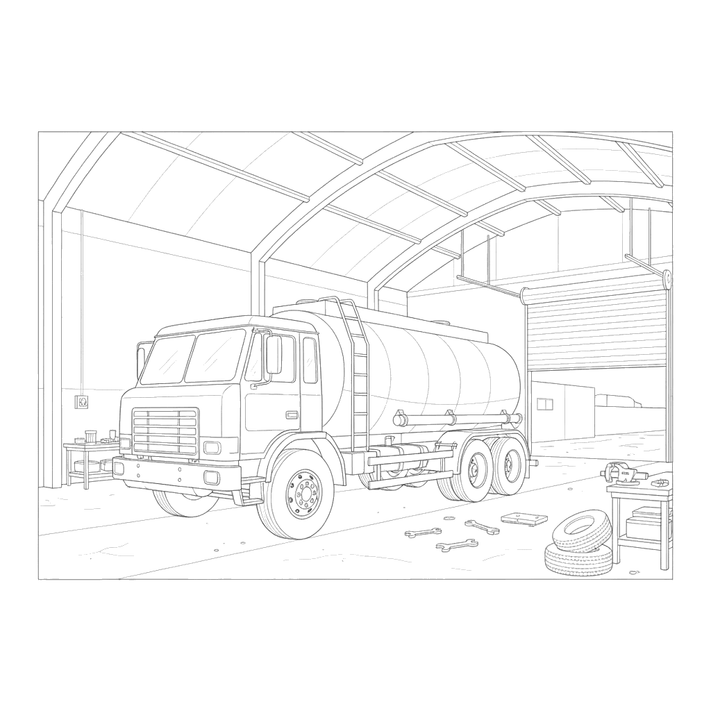 Dibujo para Colorear Camión Cisterna en Garaje Grande