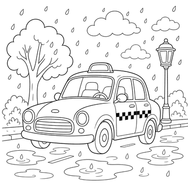Ausmalbild Taxi im Sommerregen