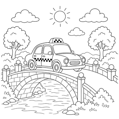 Dibujo para colorear de Taxi en un Puente