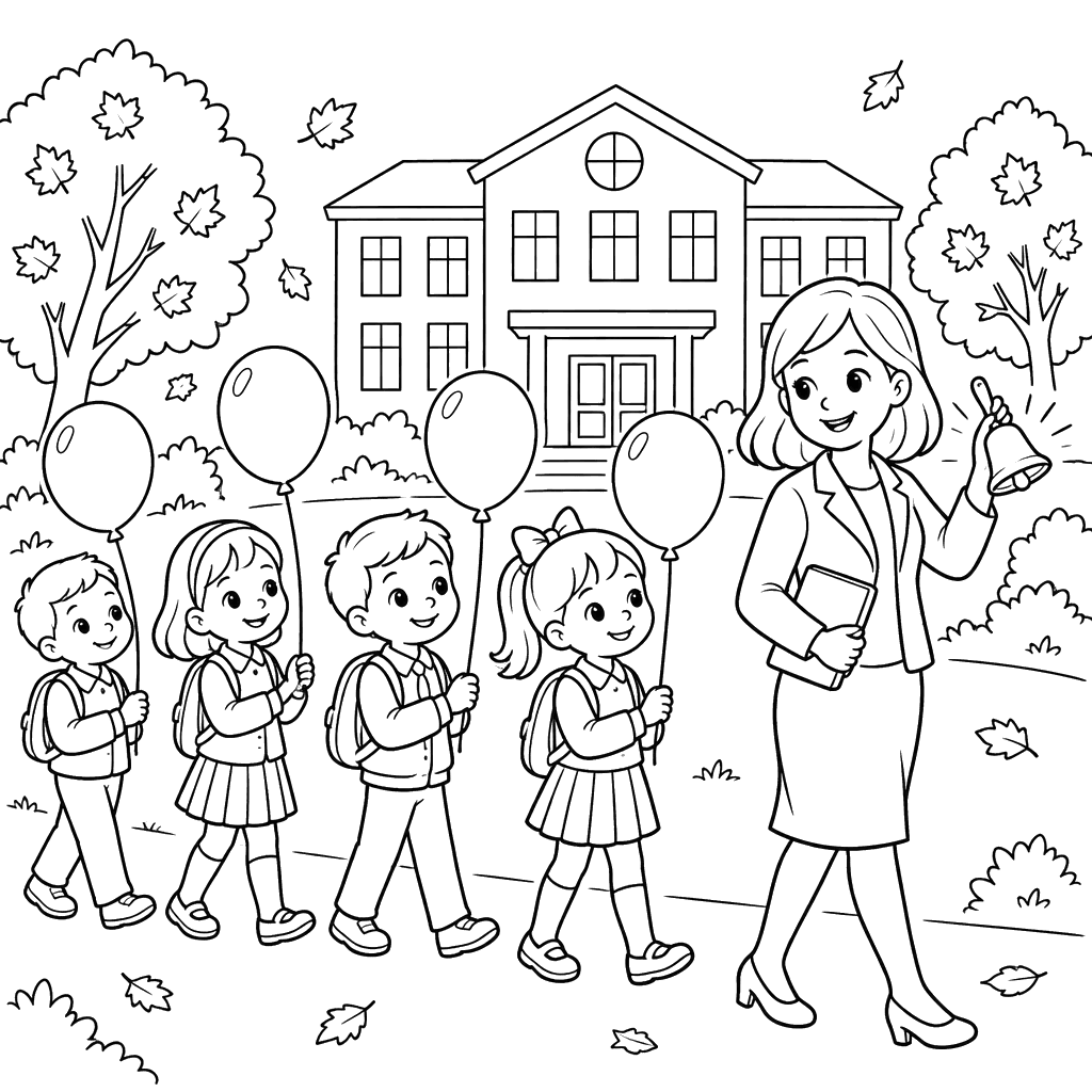 Desenho para colorir de professora e quatro crianças na escola