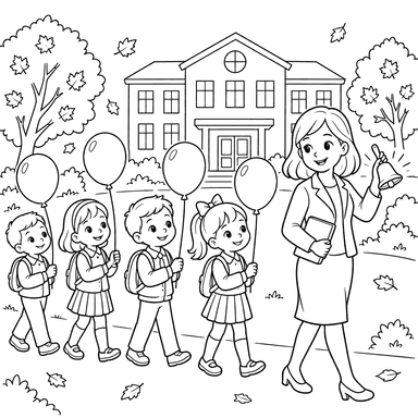 Lehrerin und vier Kinder vor der Schule – Ausmalbild
