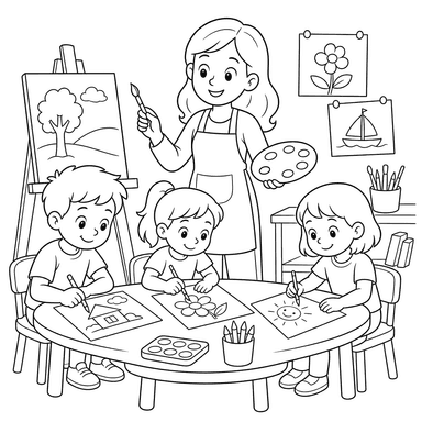 Desenho para colorir: professor e crianças na aula de desenho
