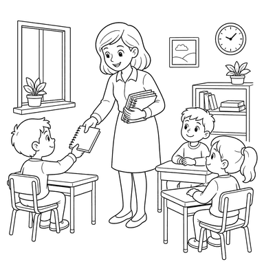 O professor distribui cadernos aos alunos: desenho para colorir