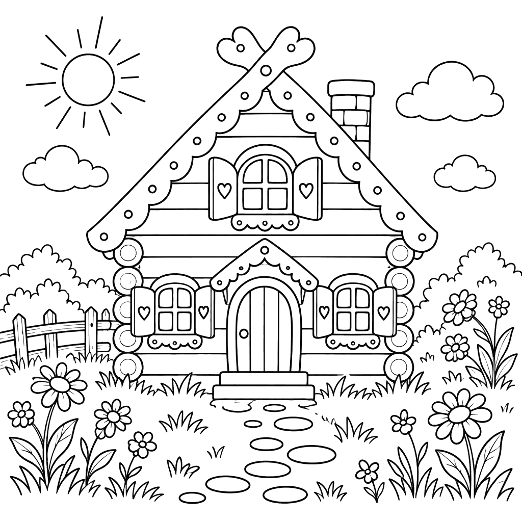 Desenho para colorir do Teremok entre flores do campo