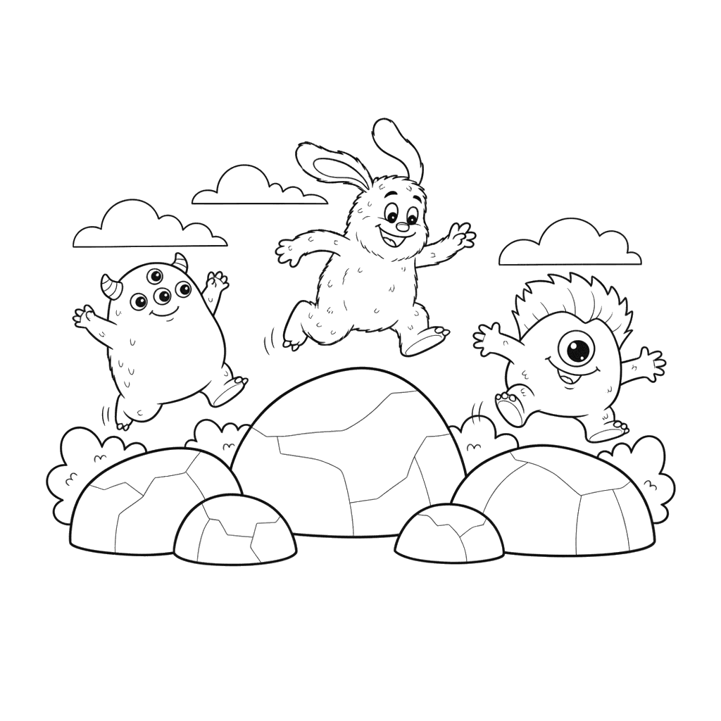 Dibujo para colorear: Tres monstruos saltando rocas