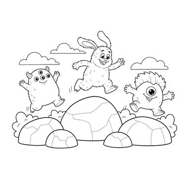 Coloriage Trois Monstres Sautent sur des Roches