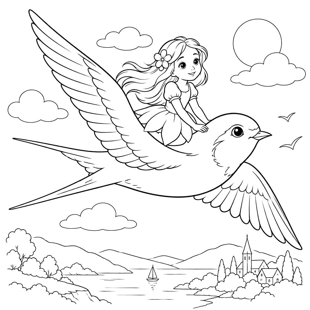 Desenho para colorir de Polegarzinha na andorinha