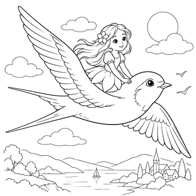 Dibujo para colorear de Pulgarcita en una golondrina