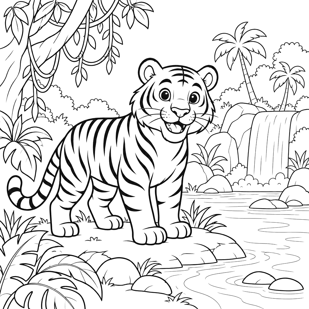 Tiger by the River in the Jungle