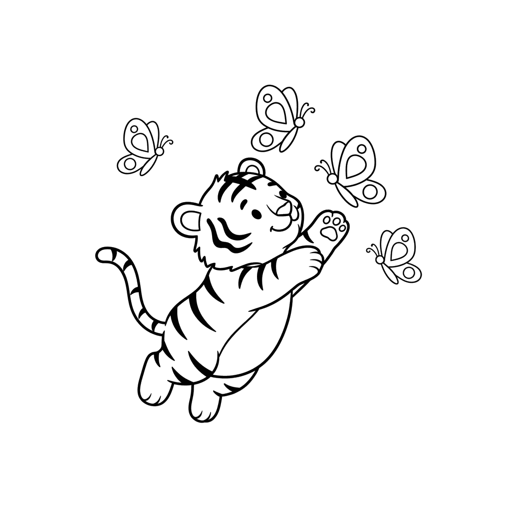 Ausmalbild: Tigerbaby fängt Schmetterlinge