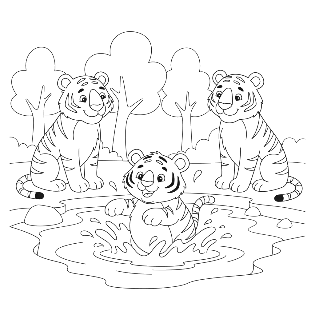 Ausmalbild: Tigerbaby beim ersten Schwimmen