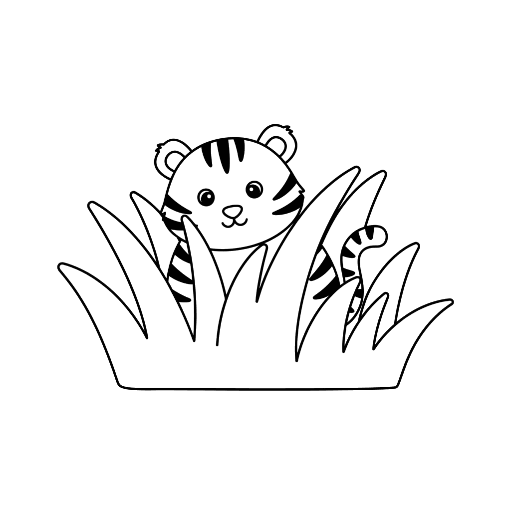 Ausmalbild Tigerjunges versteckt sich im hohen Gras