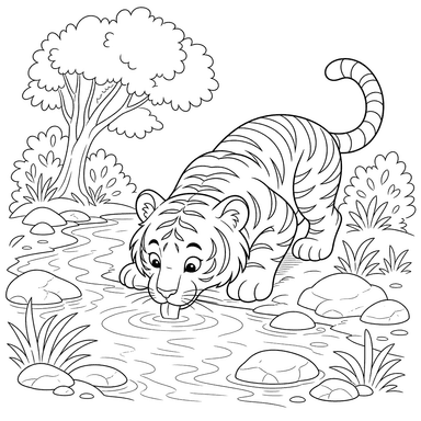 Coloriage Tigre au Ruisseau de la Forêt