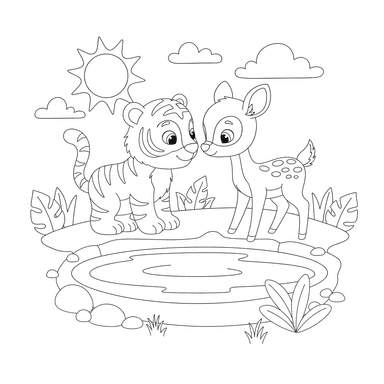 Ausmalbild Tiger und Rehkitz am Wasserloch