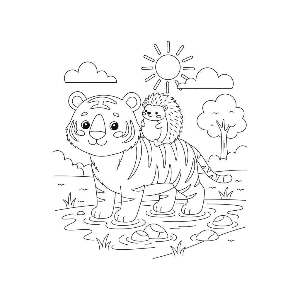 Dibujo para Colorear Tigre y Erizo Cruzando Arroyo