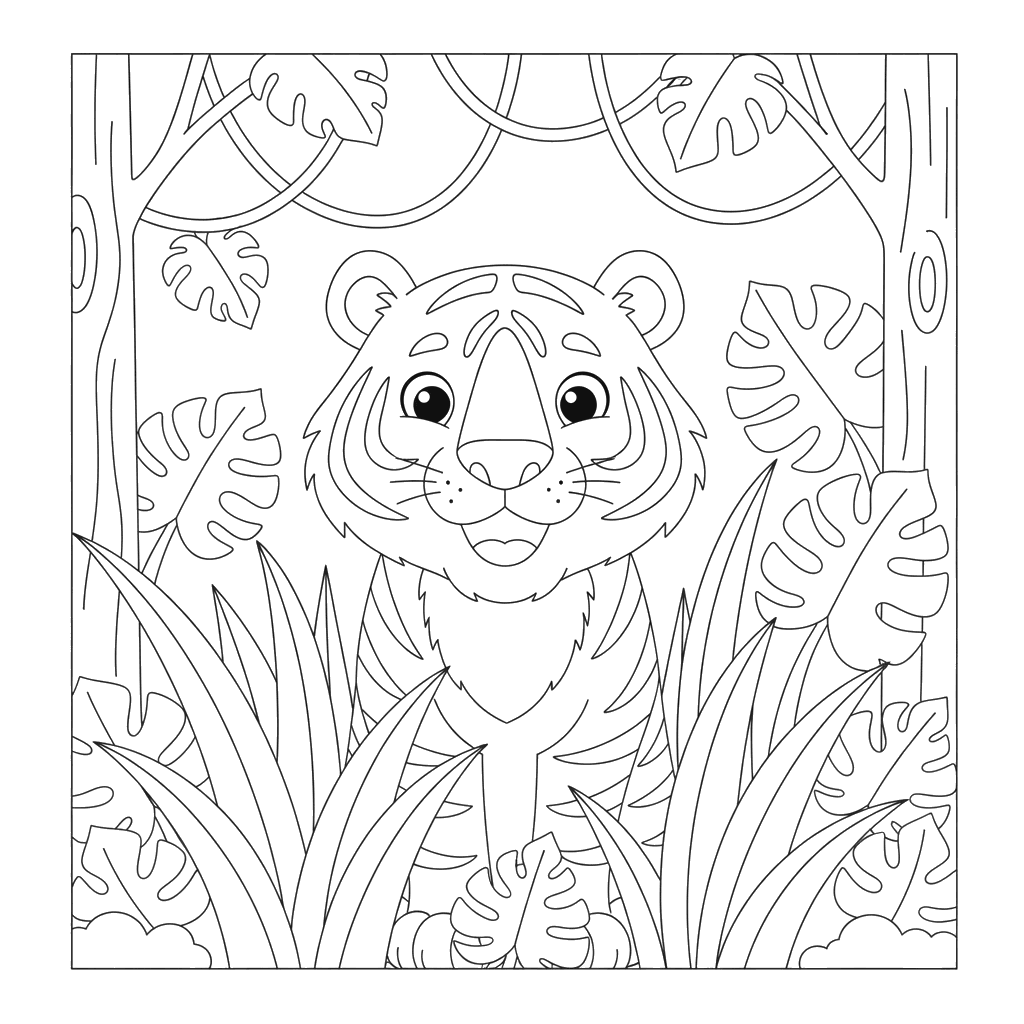 Ausmalbild: Tiger im Dschungel