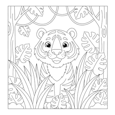 Ausmalbild: Tiger im Dschungel