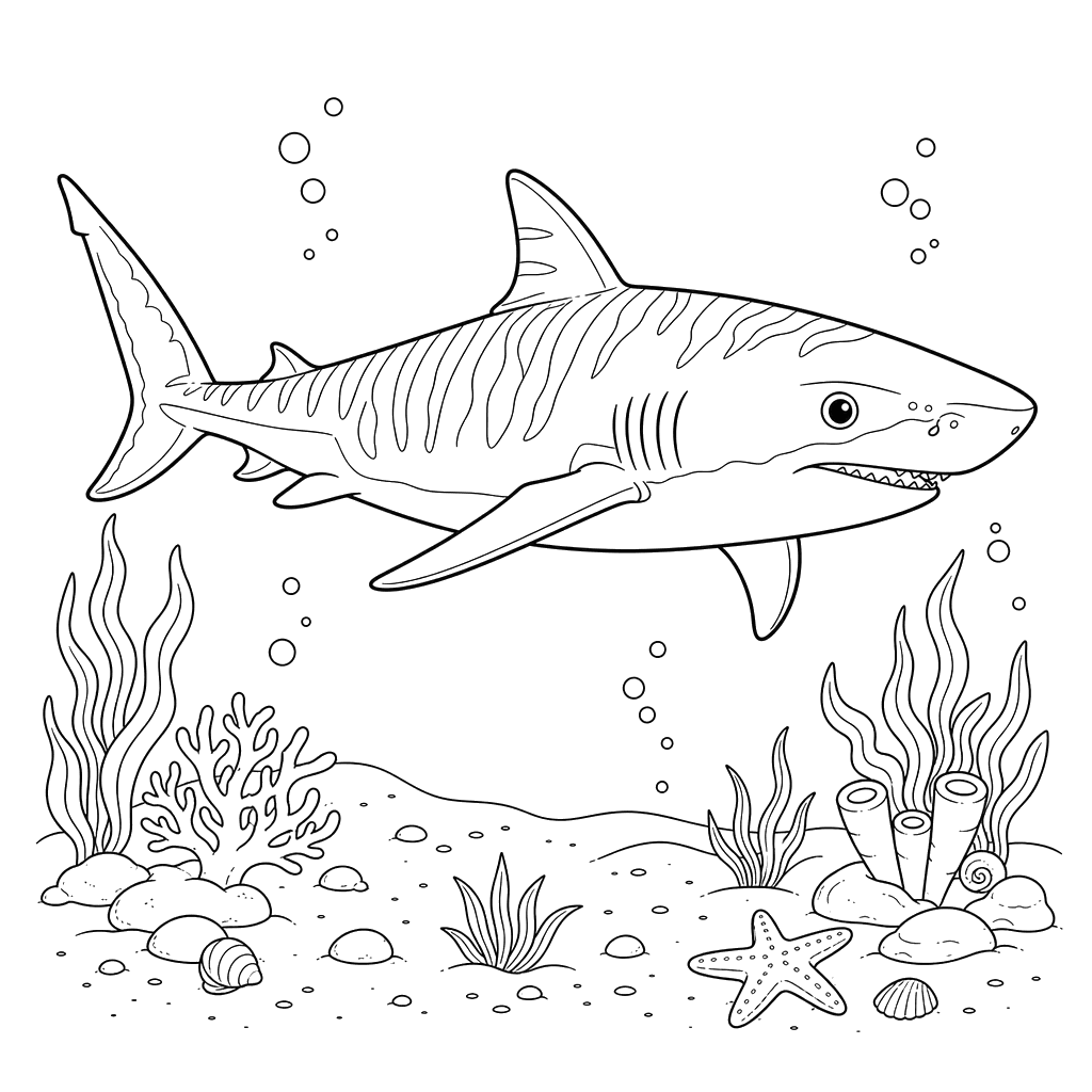 Coloriage Requin-tigre sur le fond marin