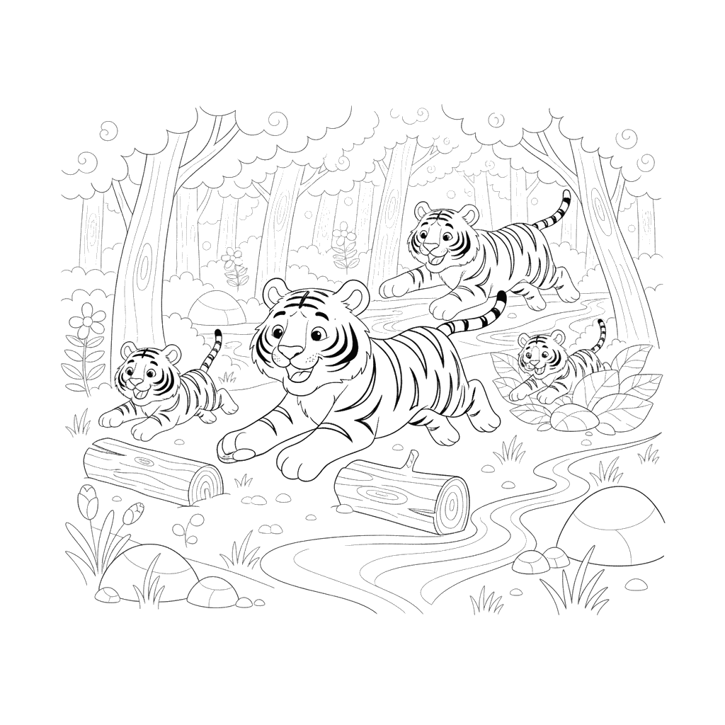 Ausmalbild Tigerrennen im Wald