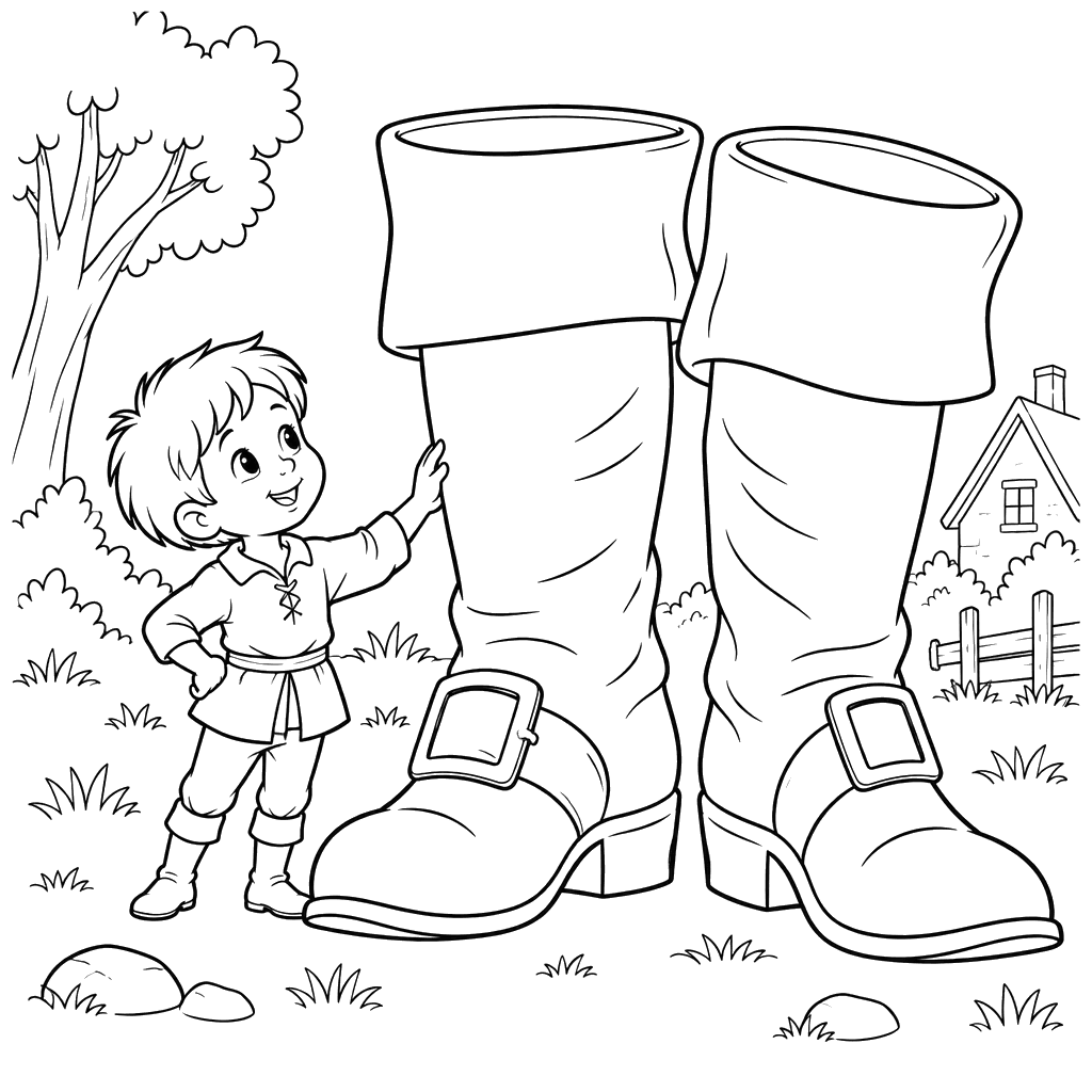 Desenho para colorir do Pequeno Polegar com botas grandes