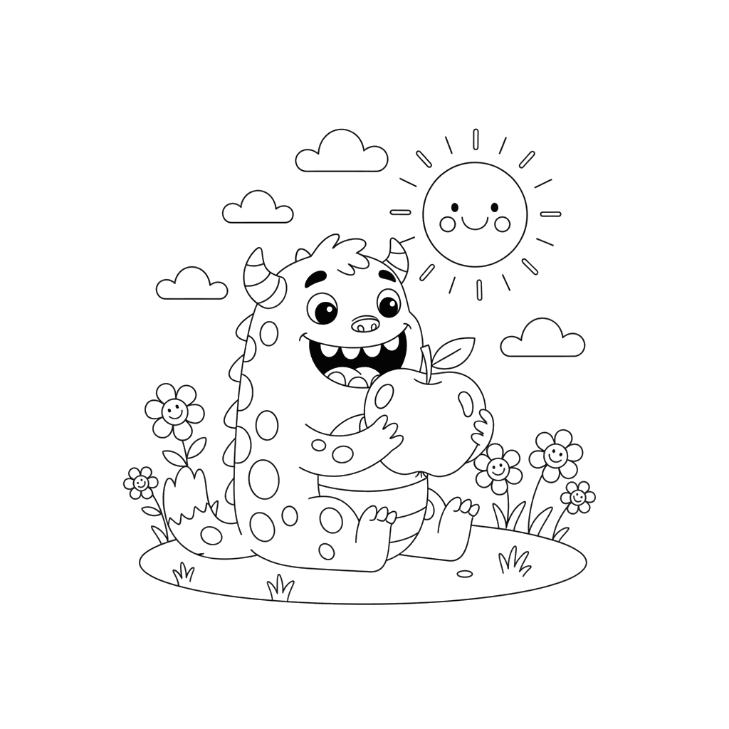 Ausmalbild Zahniges Monster isst Frucht