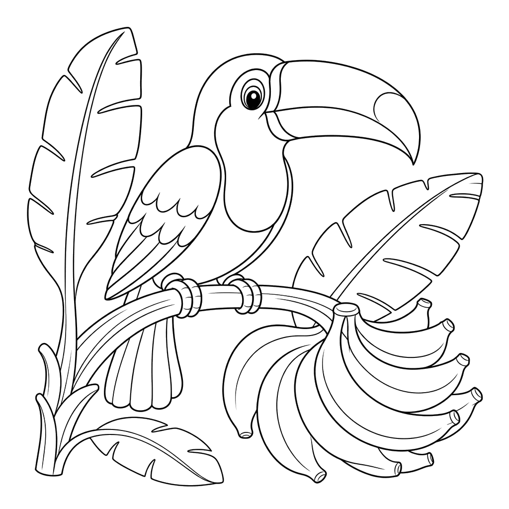 Ausmalbild Tukan auf Bananenzweig