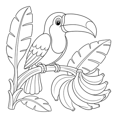 Ausmalbild Tukan auf Bananenzweig