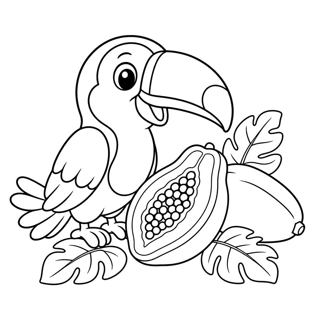 Tucán junto a papaya madura — dibujo para colorear