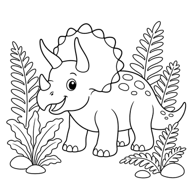Triceratops Among Ferns — Coloring Page