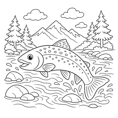 Truta em riacho de montanha — página para colorir