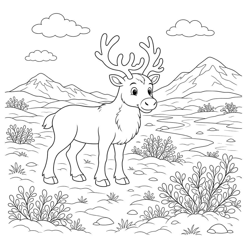 Dibujo para colorear: paisaje de tundra con arbustos bajos