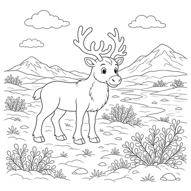 Dibujo para colorear: paisaje de tundra con arbustos bajos