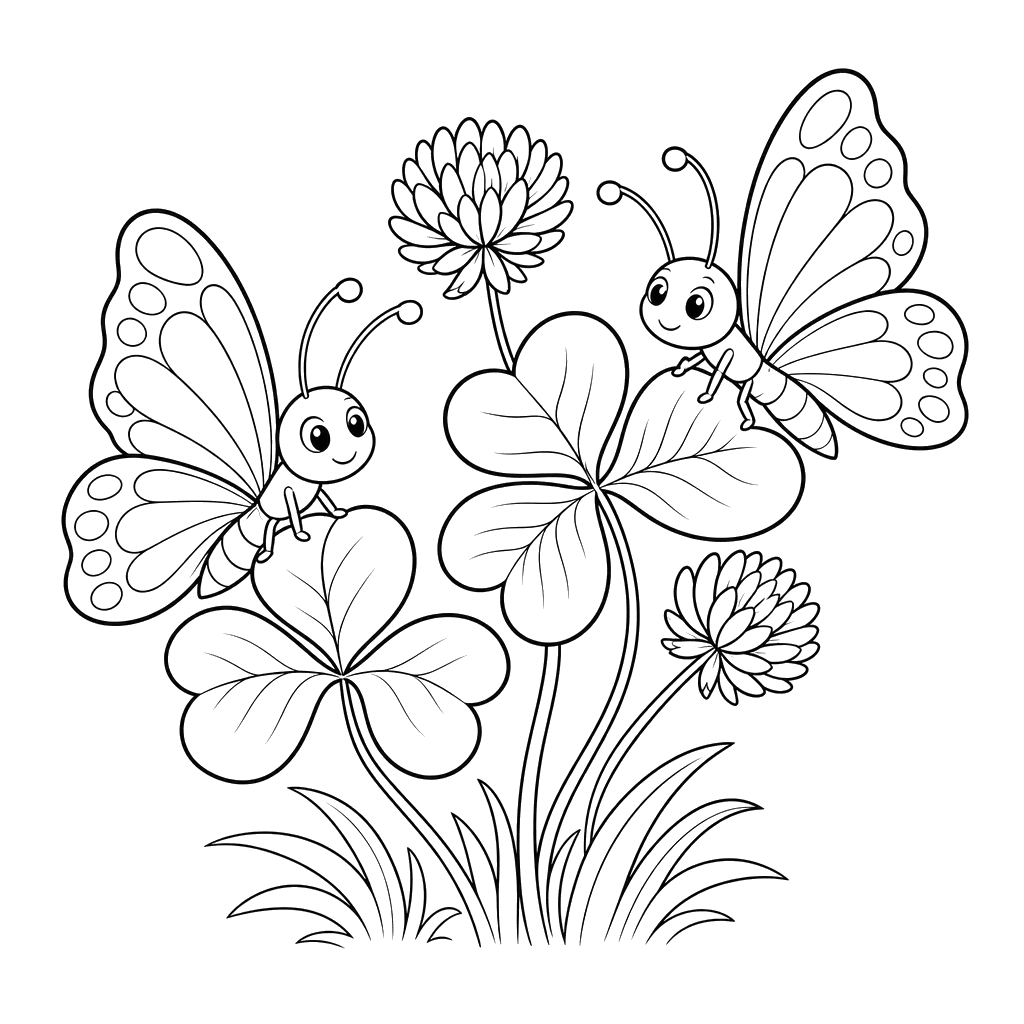 Dibujo para colorear: dos mariposas en trébol