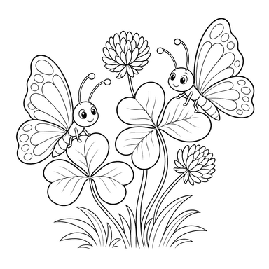 Dibujo para colorear: dos mariposas en trébol