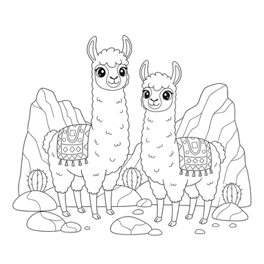 Coloriage Deux Lamas parmi les Rochers