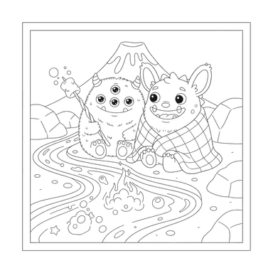 Coloriage Deux Petits Monstres Près de la Lave