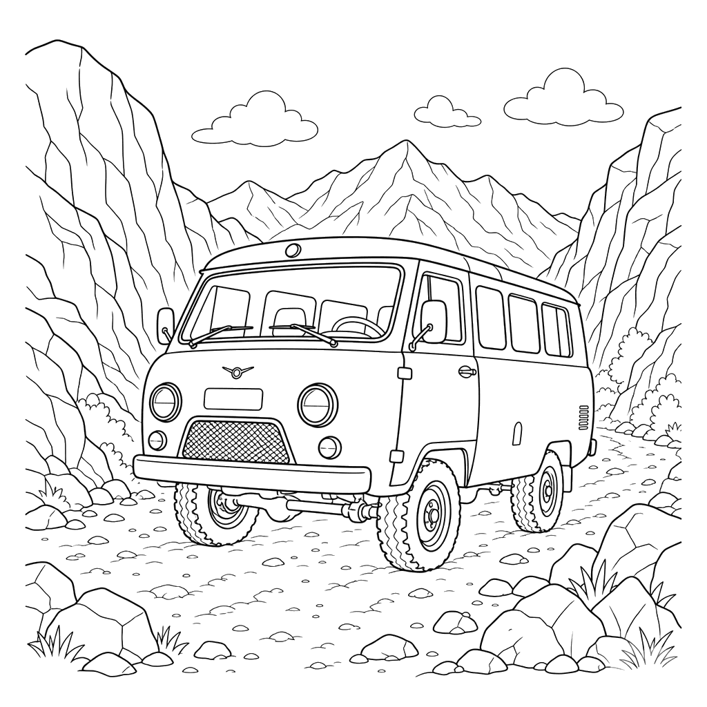 Desenho para colorir: UAZ‑452 em um desfiladeiro montanhoso